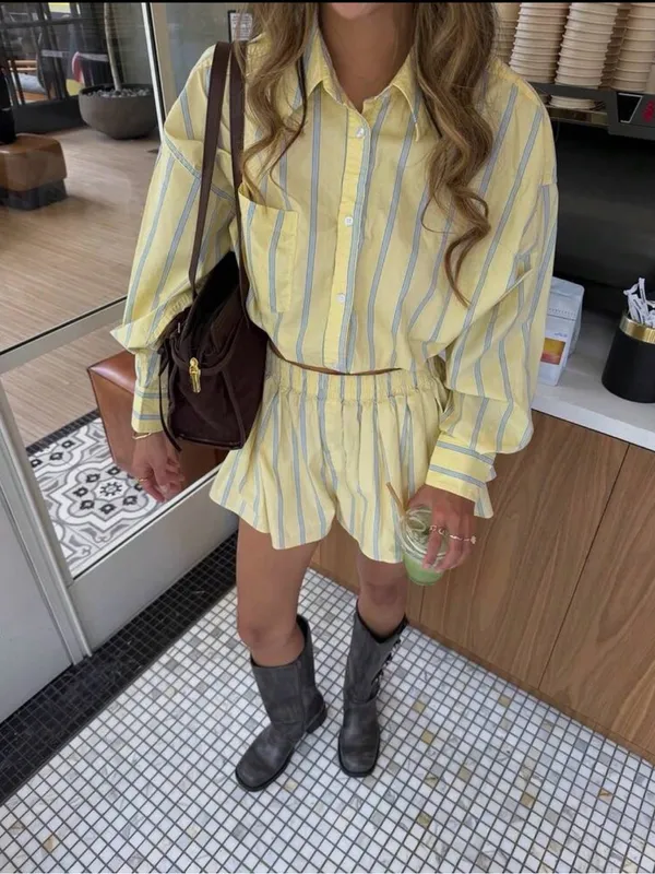 Boutique Women's Yellow Striped Pleated Mini Shorts- Coordinated Set - Image 6
