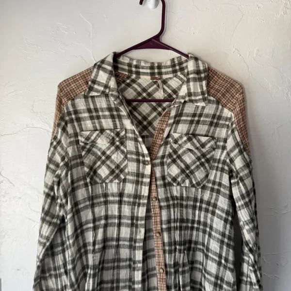 Free People‎ Womens Plaid Long Sleeve Button Shirt Olive Green Bohemian Cabin XS - Image 2