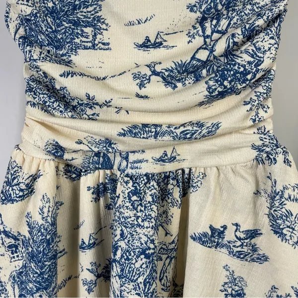 Cider XS Toile De Jouy Shirred Ruched Mini Dress Ruffle Retro - Image 3