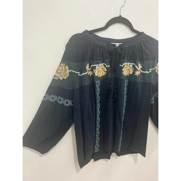 Lucky Brand Embroidered Boho Peasant Blouse Tie Neck M - Image 5