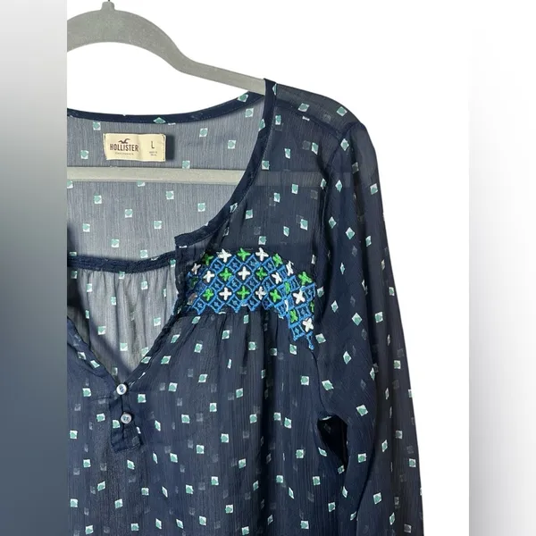 Hollister Navy Blue Embroidered Sheer Blouse‎ - Size Large - Image 3
