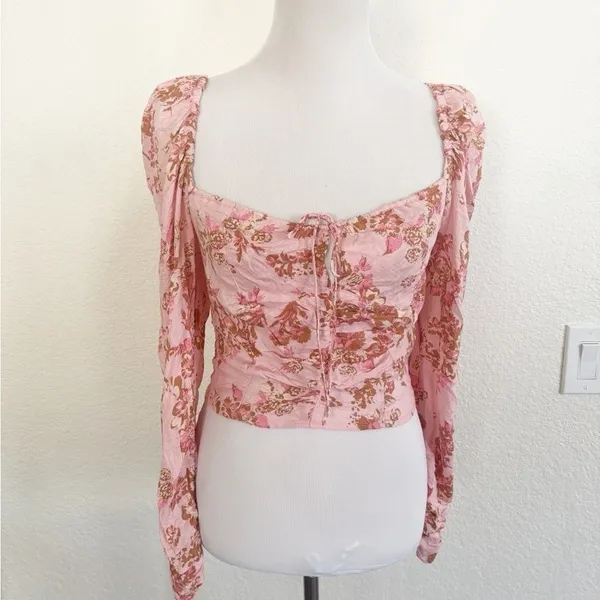 Free People Floral Crop Top M Pink Combo Smocked Puff Sleeve OB1569574 - Image 3
