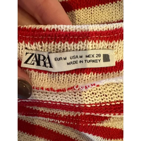 Zara Shirt Women‎ Medium Red White Striped Knit Button Shoulder Top Coastal - Image 8