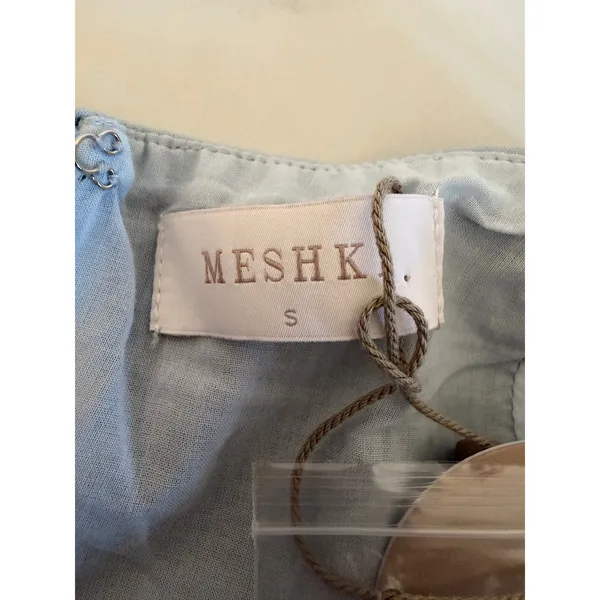Meshki Light Blue Halter Mini Dress V-Neck Bubble Hem Cotton Blend Size S NEW - Image 3