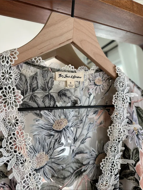 For Love & Lemons Floral Lace-Trim Long Sleeve Dress Pink Grey Sage S - Image 3