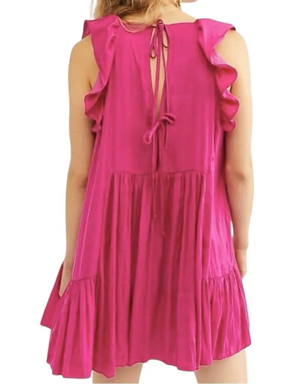 Free People Women’s XS Fuchsia Pink Want Your Love Ruffled Hems Tie Back Dress - Image 3
