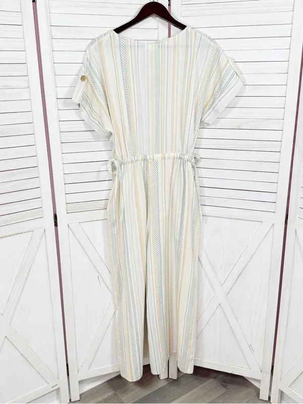 World Market Shilo Striped Wide Leg Cinch Waist‎ Jumpsuit Ivory Multi Cropped - Image 9
