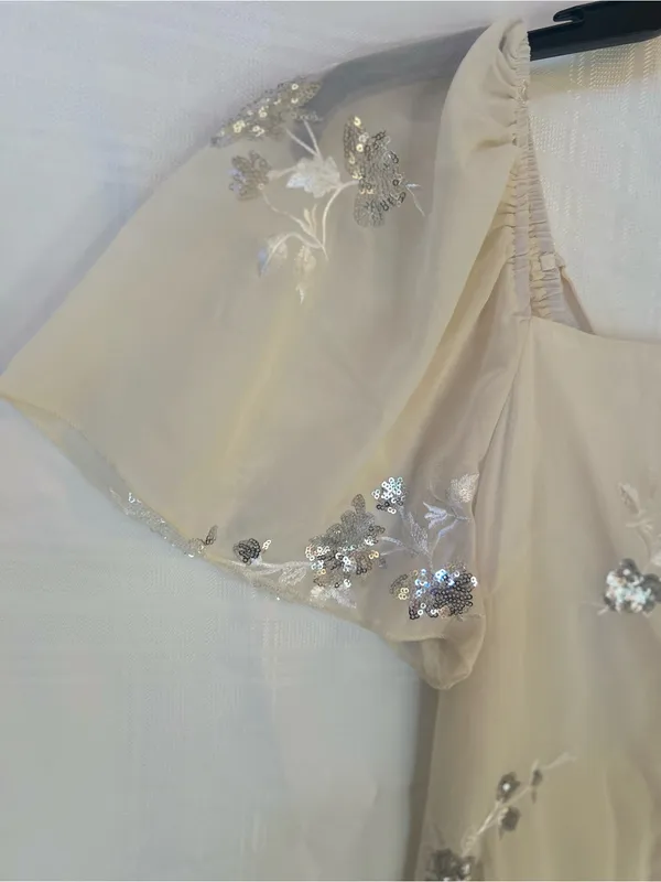 Cream Midi Dress with Silver Sequin Floral Embellishments, Ruffled Hem, Medium. - Image 4