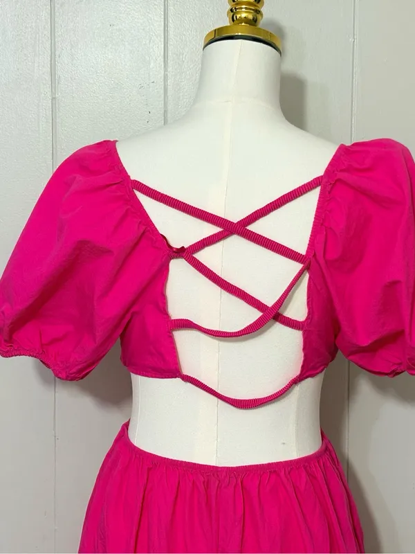 Zara Poplin Cut Out Puff Sleeve Midi Maxi Dress Fuchsia Pink Size M - Image 6