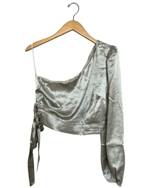 ASTR The Label Women's One Shoulder Side Tie Long Sleeve Top Green Satin Size L - Image 3