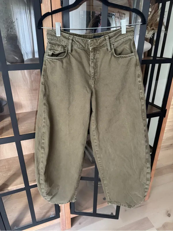 Zara barrel leg jeans pants high rise baggy olive green denim pockets cargo - Image 4
