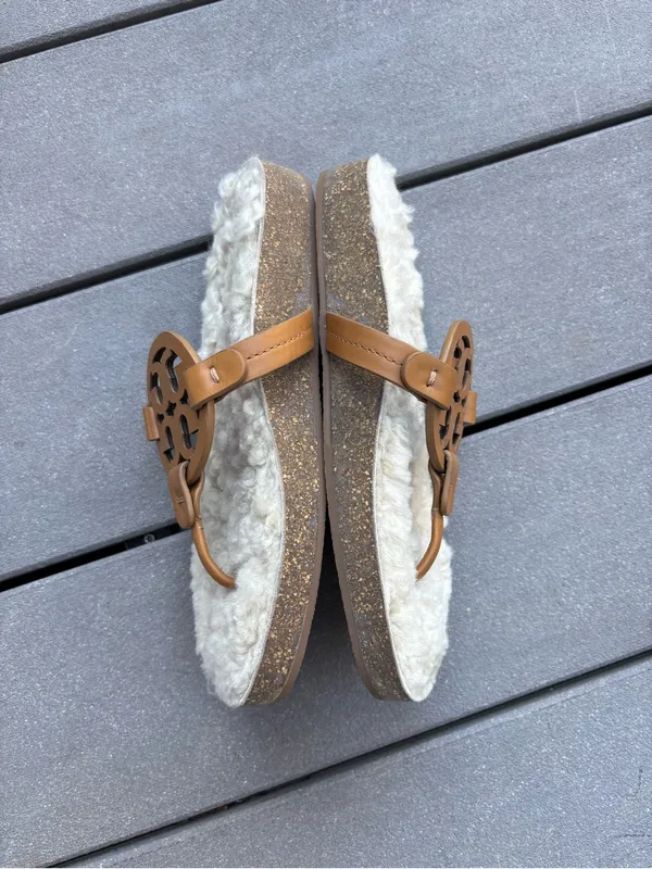 NWOT Tory Burch Miller Cloud Sandal Cork Shearling Caramel Neutral 7 - Image 4