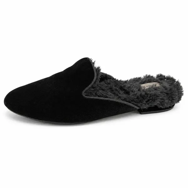Birdies Size 7 Classic Phoebe Slippers Black Velvet Faux Fur Slide Shoes Women's - Image 2