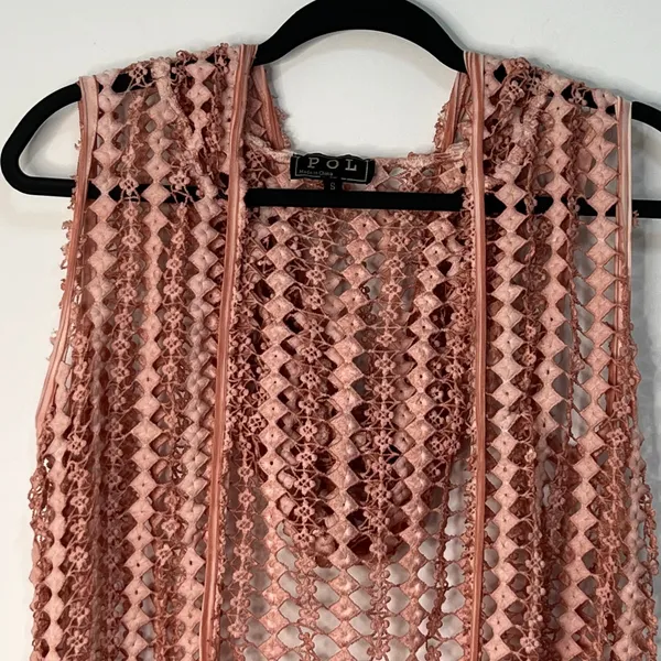 POL Duster Vest Crochet Fringe Trim Hood Size S‎ Dark Blush Pink Boho Rave Indie - Image 4