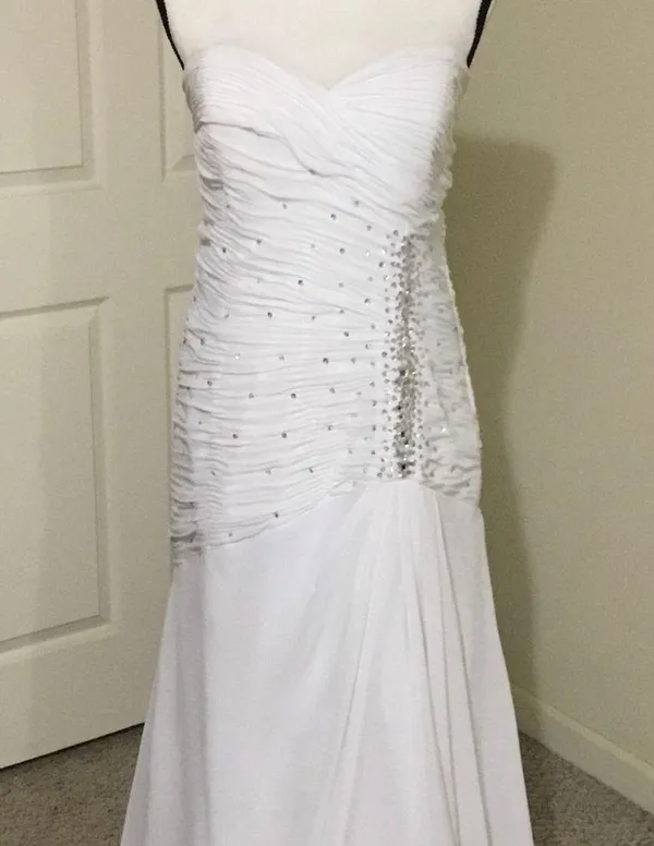 White Karishma Runched Wedding Formal Dress Prom Wedding Sparkly Sequins S - Image 4