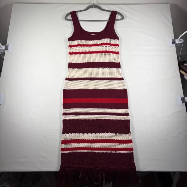 A New Day Womens Burgundy Stripe‎ Crochet Fringe Midi Dress S Burgundy Stripe - Image 2