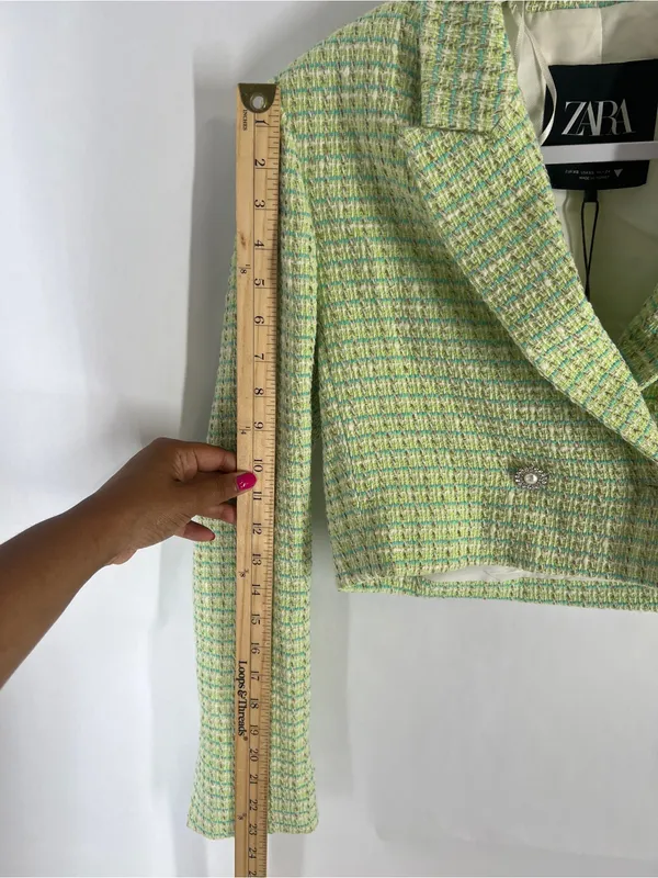 ZARA NWT Green Tweed Cropped Blazer Pearl Buttons Size XS - Image 14