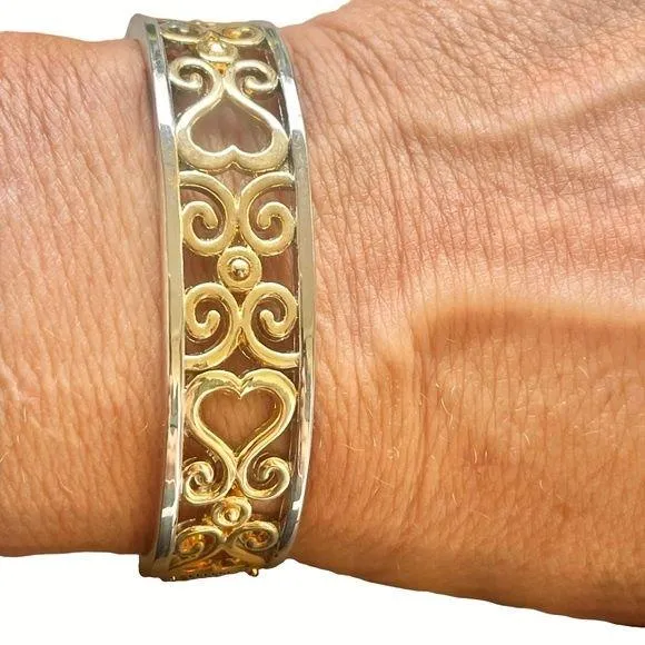 Two tone filagree heart hinged bangle bracelet - Image 2