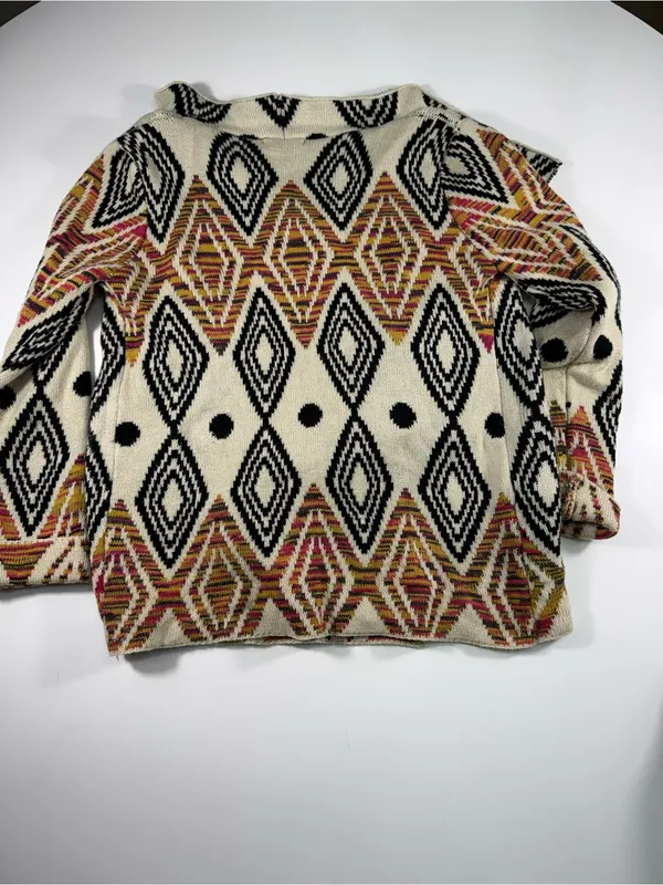 Open-Front Geometric Cardigan in Cream and Black with Rust Accents - Image 6