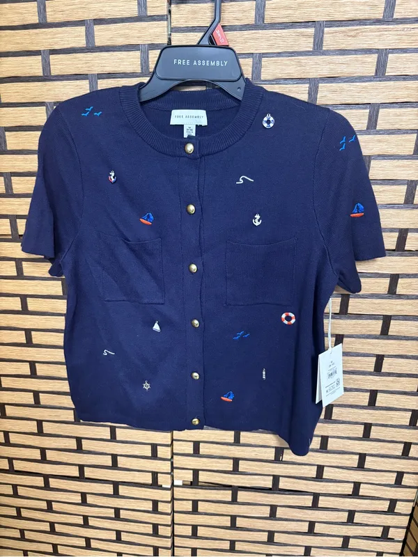 Free Assembly Nautical Navy Button Front Short Sleeve Cardigan Size Medium - Image 2
