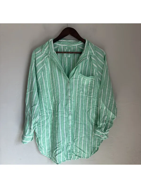 Aerie Green White Striped Linen Blend Button Down Shirt Oversized Medium - Image 2
