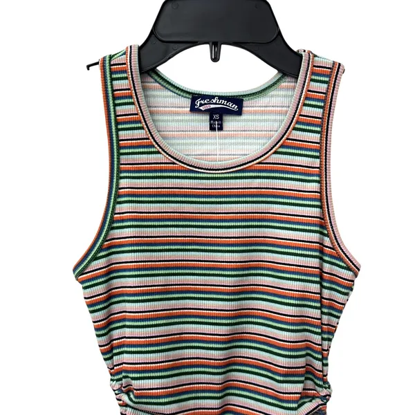Freshman Tank Top Sleeveless Drawstring Side Ribbed Striped Multicolor W XS NWOT - Image 3
