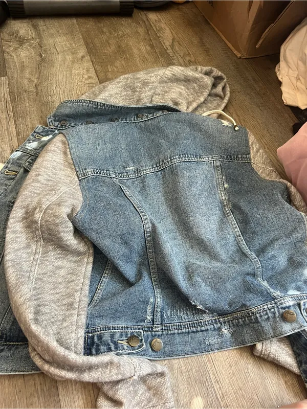 Free People | Distressed Knit Sleeve Denim Jacket S Grunge Hooded‎ Streetwear - Image 13