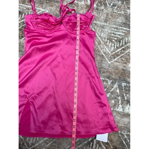 Hot Pink Satin Lace Slip Mini Dress NWT Size Small Ruched Spaghetti Strap Party - Image 12