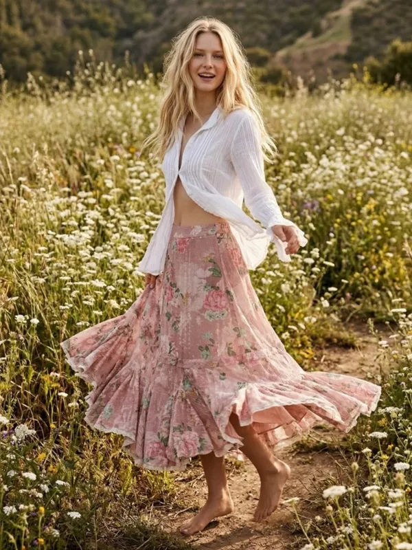Free People Ethereal Dainty Cottage Bordeaux Floral Maxi Skirt Size Medium - Image 13