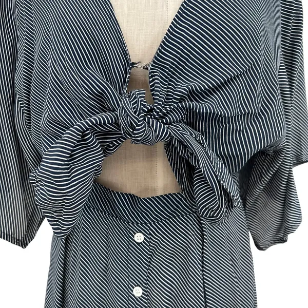 Faithfull the Brand Vinci Tie-Front Dress Cut Out Striped‎ Navy Blue Size US 6 - Image 5