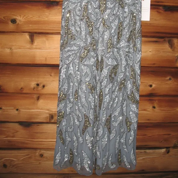 Mac Duggal Size 12 Silver Gray Gold Beaded Cap Sleeve Column Gown Maxi Dress - Image 10