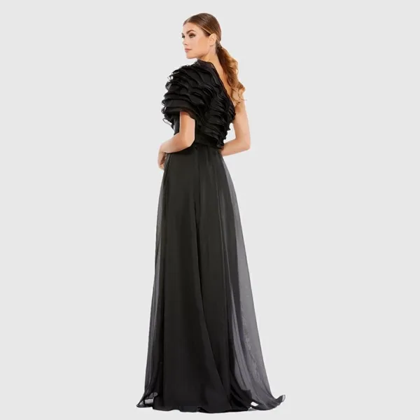 MAC DUGGAL Size 2 Black Ruffle Layered One Shoulder Gown Dress Maxi Formal - Image 5