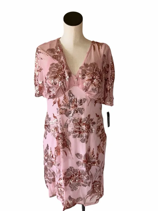 NWT R&M Richard Sequin Floral Cocktail Dress with Sheer Overlay Cape Rose 12P - Image 6
