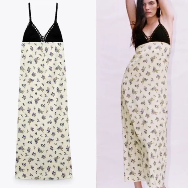 Zara Crochet Satin Maxi Slip Dress Black Cream‎ Lavender Floral Boho Festival S - Image 2