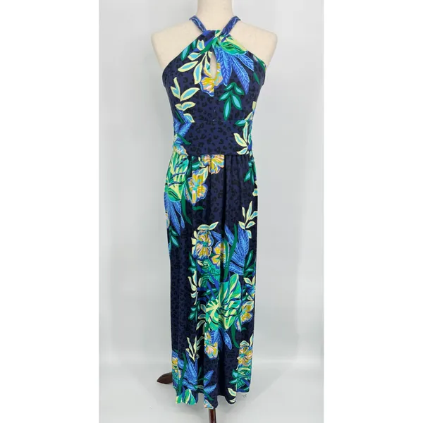 Lilly Pulitzer Orla Halter Maxi Dress Medium Navy Blue Floral Tropical Preppy - Image 3