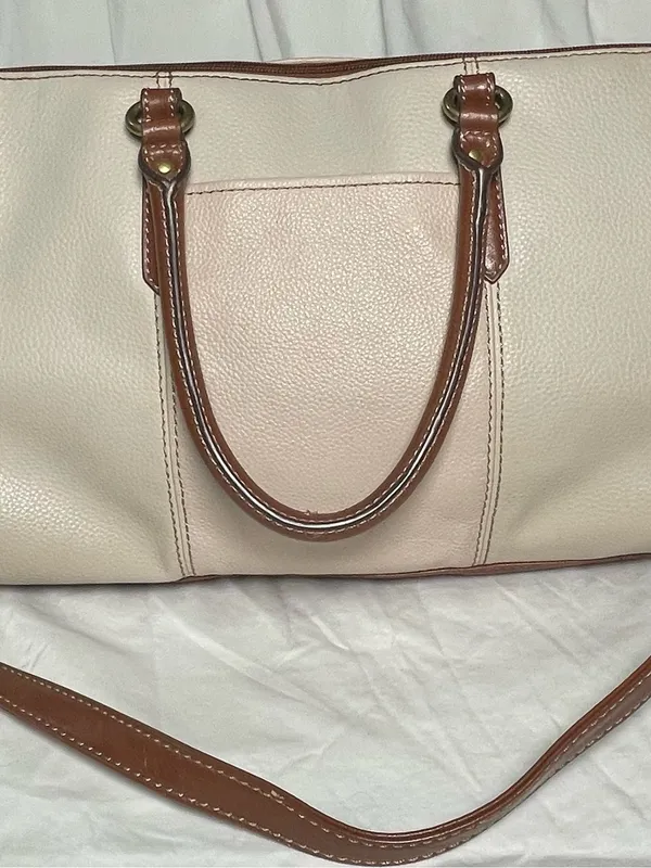 Tignanello Purse two-tone leather handbag Cream and Tan Satchel Shoulder Bag - Image 9