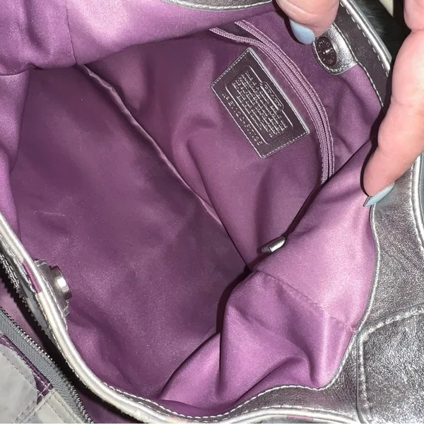 Coach Op Art Scarf Print Signature Shoulder Bag with Purple and Silver Detail - Image 8