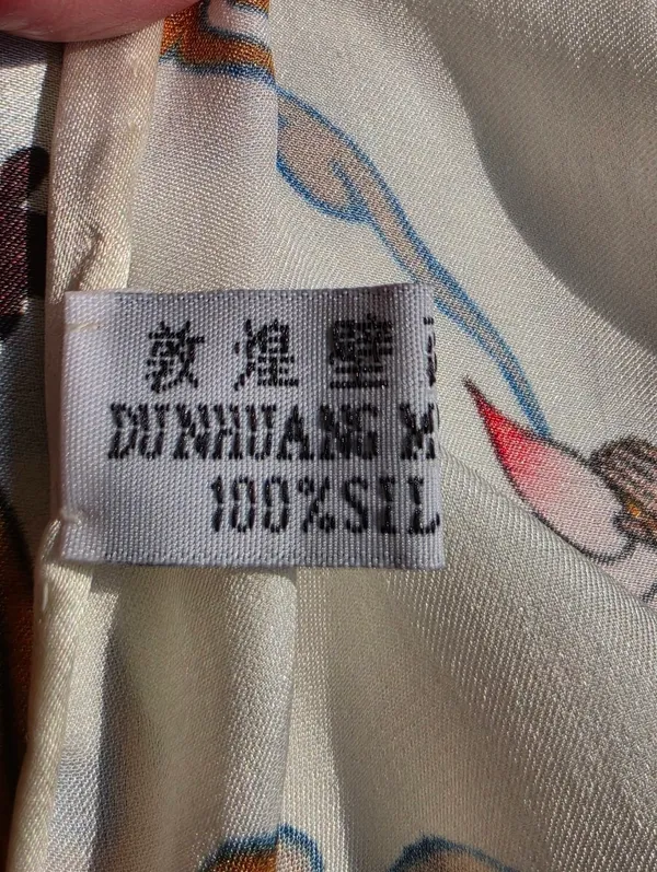 Vintage 100% Silk Scarf Hand Rolled Hem. DunHuang Art 43x41" - Image 7