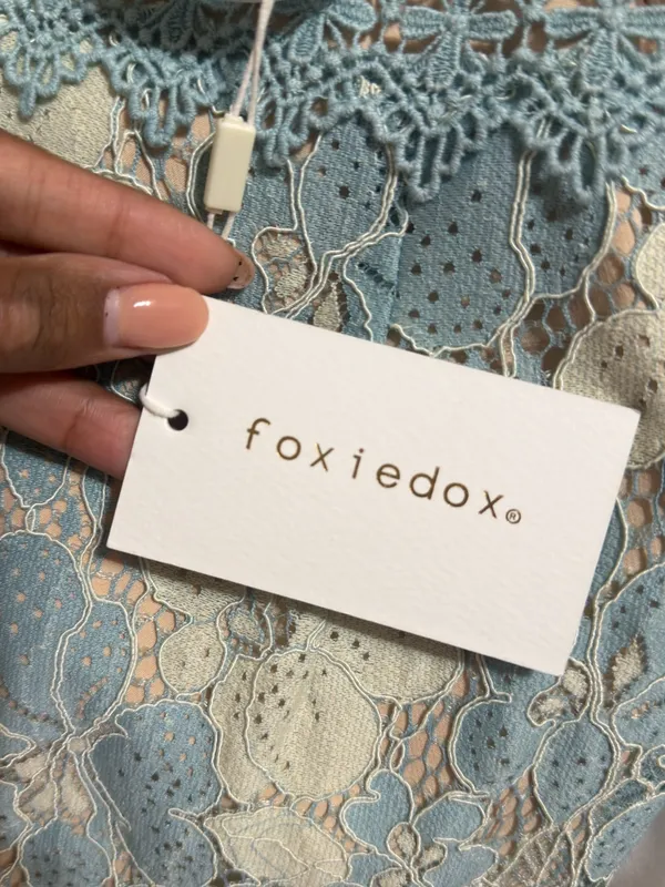 Foxiedox NWT Crochet Lace Halter Maxi Dress in Light Blue and Cream - Image 6