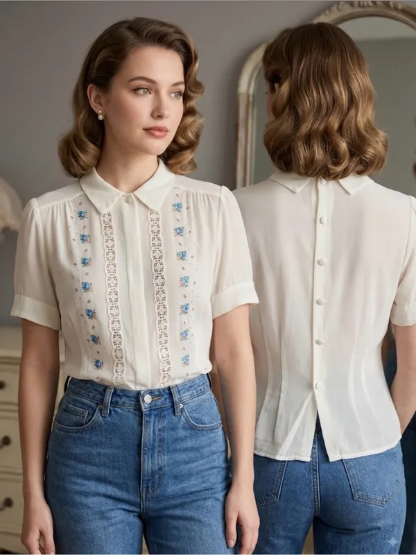 VTG Silk Embroidered Lace Striped Button Back Cottagecore White Top 42 Small - Image 2