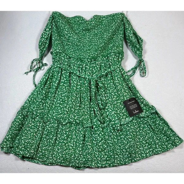Lulus Green Floral Smocked Off-The-Shoulder Mini Dress NWT Medium - Image 2