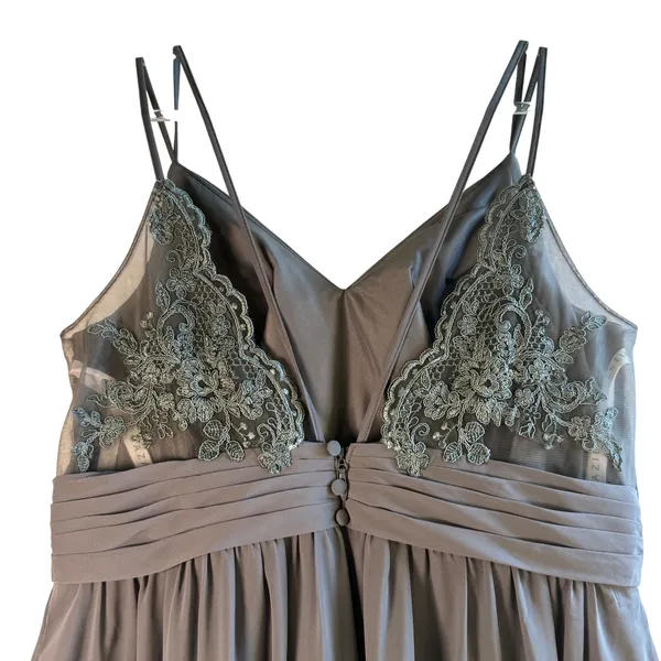 Azazie Bridesmaid Dress Steel Grey Chiffon Lace Maxi Gown Formal Sz A14 Wedding‎ - Image 9