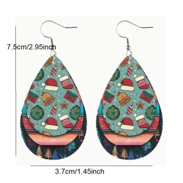 Set of 2 Christmas Teardrop Reversible PU Leather Hook Earrings, New! - Image 3