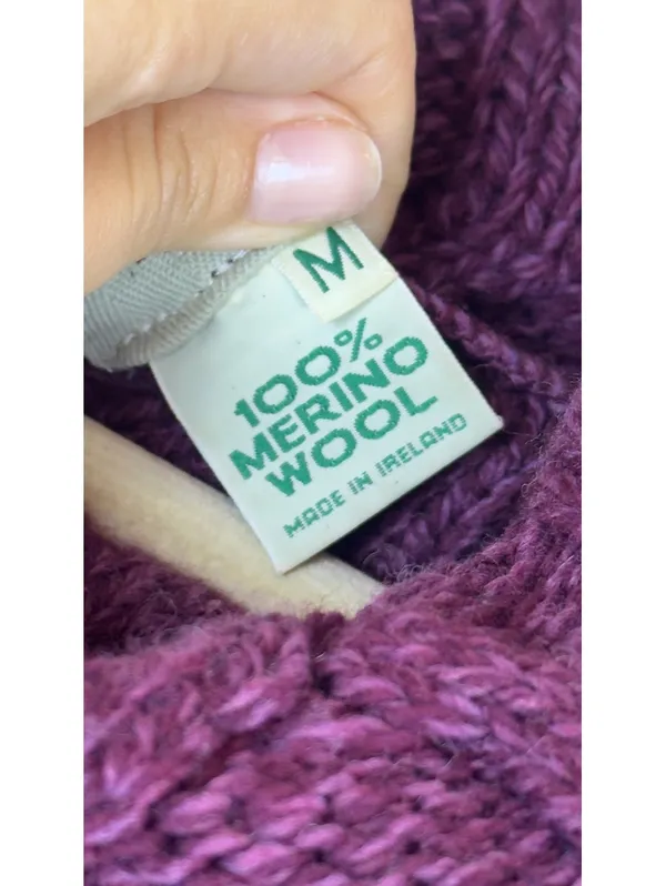 Aran Sweater Market 100% Merino Wool Cable Knit Cowl Neck Purple Sweater M - Image 3