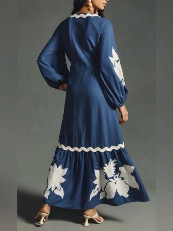 Farm Rio Navy Blue White Floral Embroidery long sleeves Maxi Dress S XS - Image 2