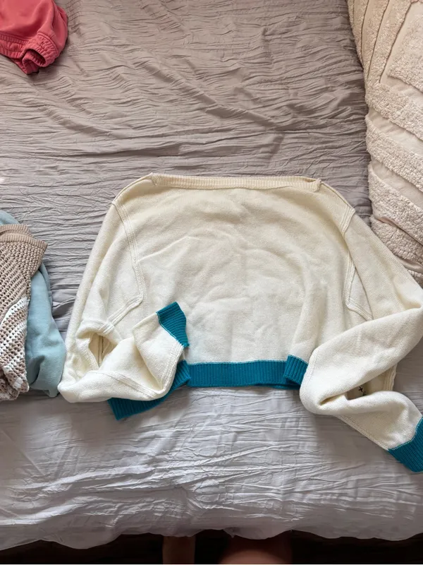 We The Free Cream Cropped Crew Sweater with Teal Trim - Image 4