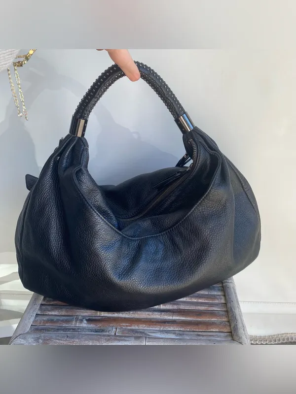 Y2K Kenneth Cole black pebbled leather slouchy hobo studded handle shoulder bag - Image 2