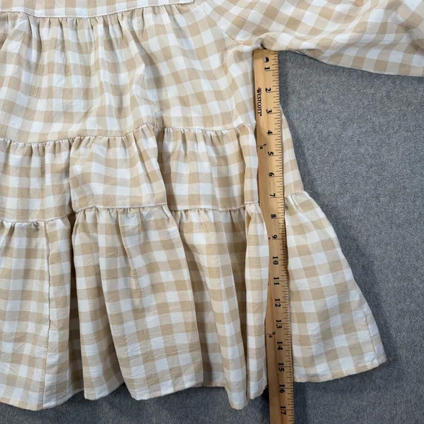 Entro Women's Small Beige White Gingham Square Neck Tiered Babydoll Top Blouse - Image 5