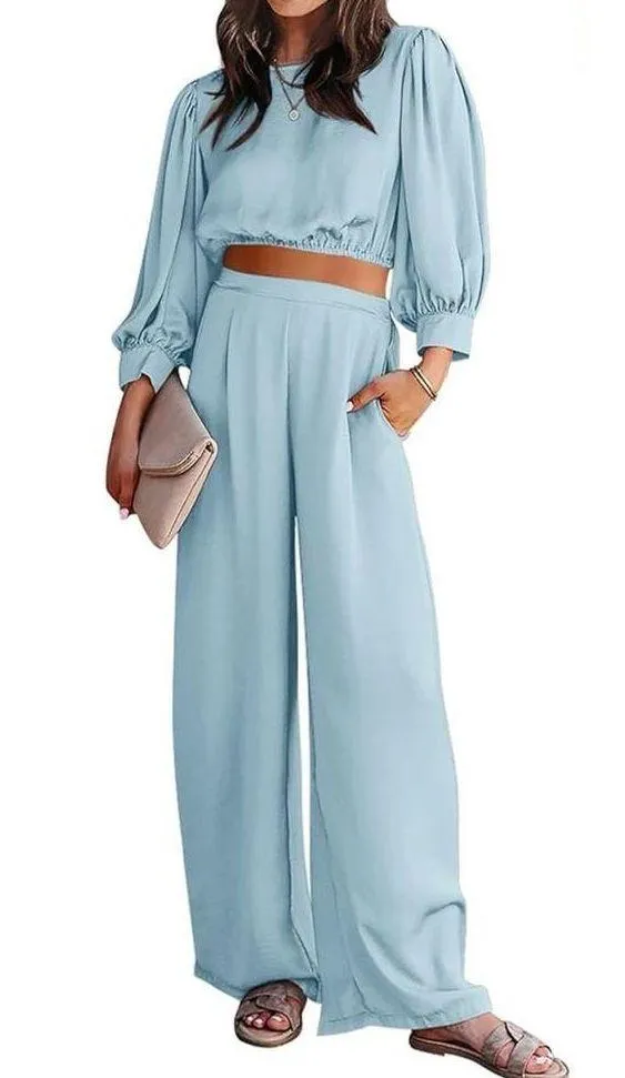 PRETTY GARDEN 2-pc Satin Puff Sleeve Crop Top & Pallazo Pant Set Size M - Image 3