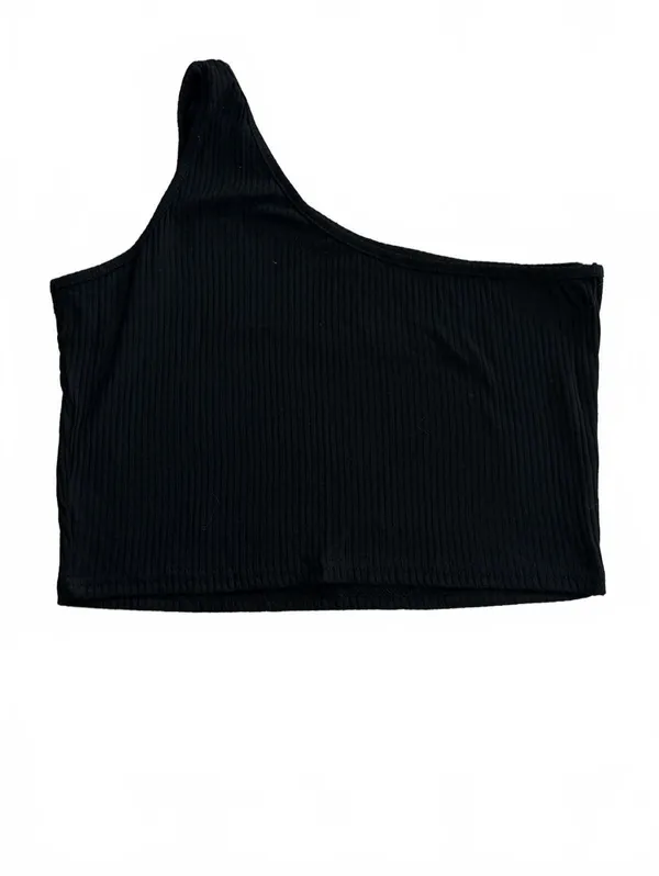 Black Ribbed One Shoulder Crop Top Size L Asymmetric Sleeveless Tank Minimalist - Image 2